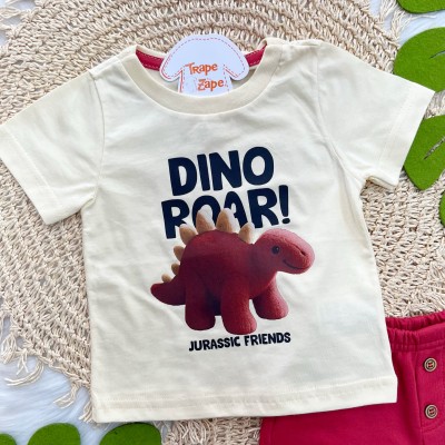 Conj. Camiseta Dino Roar! e Bermuda - Creme e Vermelho